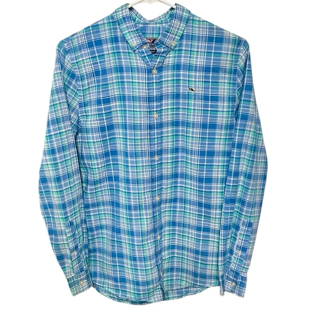 Vineyard Vines Boy's L(16) 100% Cotton Blue & Green Plaid Button-Down Shirt